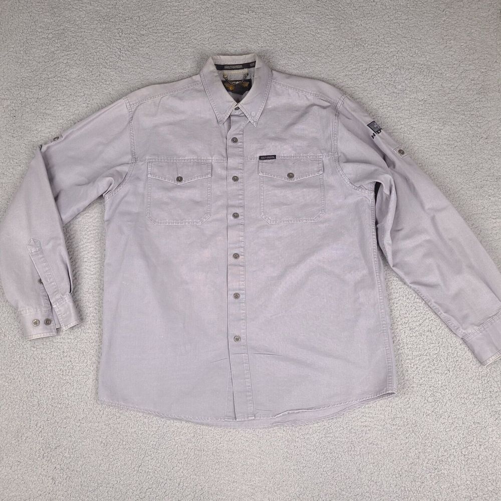 Harley Davidson Shirt Mens Large Gray Button Up Heavy Cotton Riding Mechanic